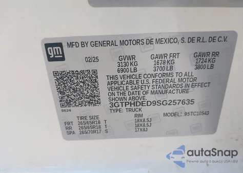 2025 GMC Sierra 1500 z USA, uszkodzony, nr VIN 3GTPHDED9SG257635